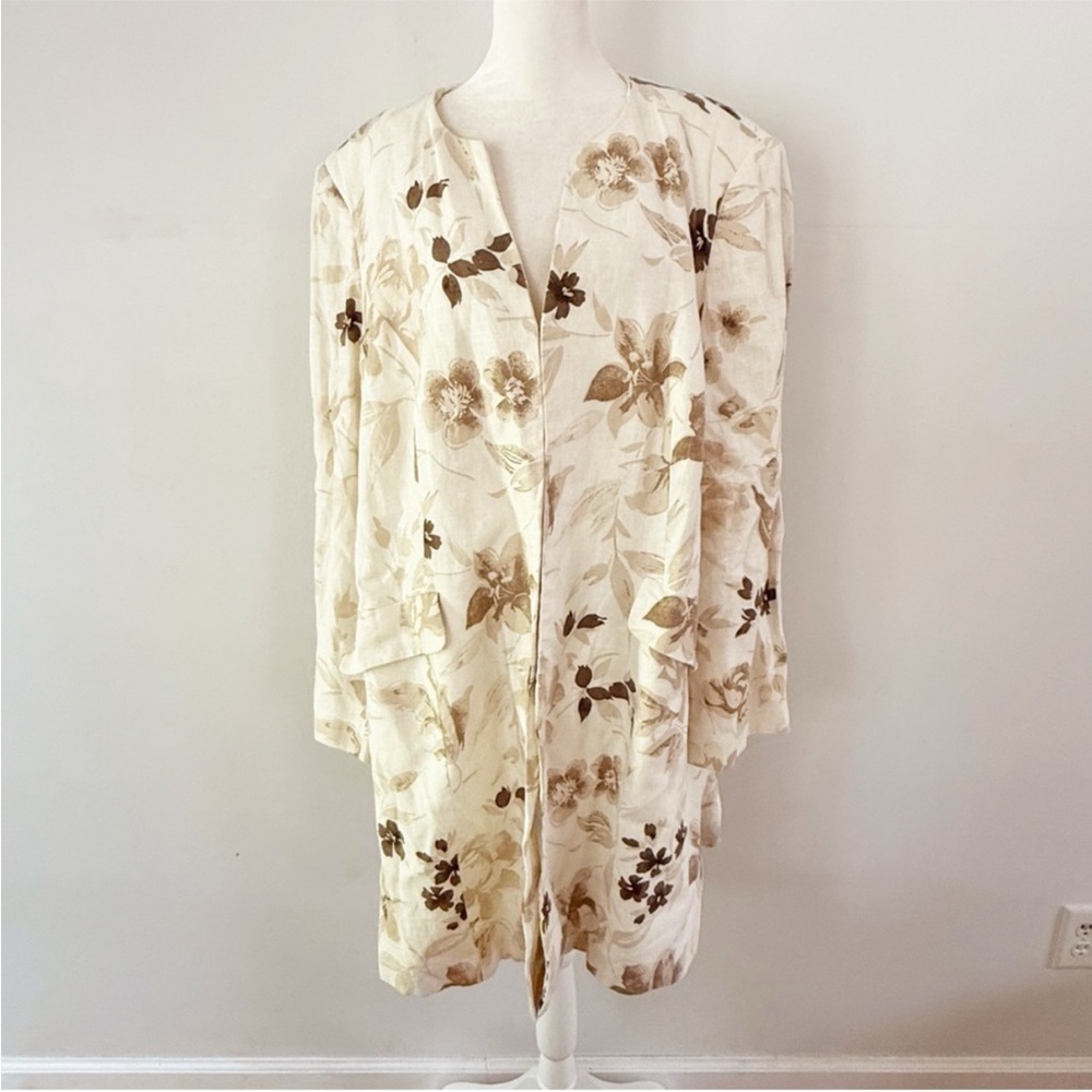 Ann Harvey Women Linen Floral Long Jacket UK Size 20 Spring Office Earthy Casual